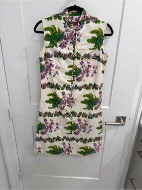 David Crystal Size 2 Sleeveless Floral Mandarin Collar Dress in Cream and Green